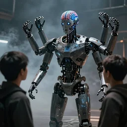 apocalyptic, a robot without a face with a electric brain and thousand arms is looking madly at a man. smoke. volumetric lighting, sharp focus, ultra detailed, cgsociety - w 1 0 2 4 - n 8 - i