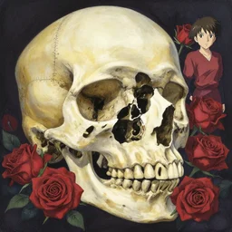 ortographic view of a large skull and gothic roses by Jen Bartel and Dan Mumford and Satoshi Kon, gouache illustration