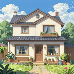 a house with a beautiful garden and a blue sky with clouds in anime style, in the style of Lampbo Chun on ArtStation and Son Rice on ArtStation, 4k,