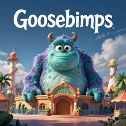 Goosebumps book cover art of a giant creepy cartoonish monster at a theme park