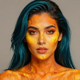 portrait of beautiful dominican woman with flesh made of bright orange and yellow magma and fire with dark turquoise hair with black roots, eyes made of fire, prominent brow, silver frame glasses, flatchested, galaxy outfit, confetti in the sky on a hexagon shape, art by j scott campbell, vfx, sharp details