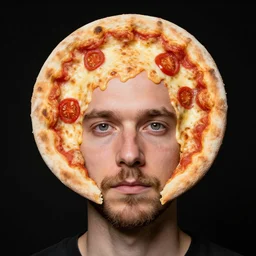 portrait of man with a rare medical condition making the head round like a pizza, head looks exactly like a pizza, doughy skin, facial hair looks like melted cheese, blemishes look like tomatoes, soft lighting, sharp focus, highly symmetrical, black background, masterpiece by morten krogvold