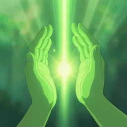 two magical green spirit hands with green light between them, blesses, in a gentle green dawn light, studio ghibli, clean cel shaded vector art, cinematic lighting, volumetric lighting, smooth, sharp focus, highly detailed, render in unreal engine 5, artstation, deviantart, behance, trending, epic composition, octane, light rays, award - winning