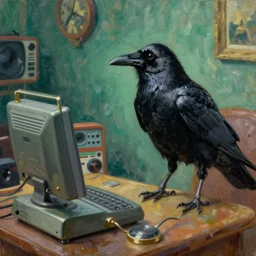 a raven investigating 8 0 s era technology, vintage shapes, retro technology, sylvan color, wayne barlow, oil on canvas, deep depth of field, masterpiece, cinematic composition, hyperdetailed