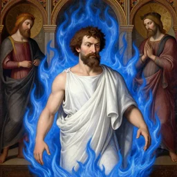 waist - up shot, hank hill wearing a white toga, emerging from blue fire, surrounded by blue flames, renaissance religious painting, late gothic religious paintings, byzantine religious art, painting by duccio di buoninsegna and carlo crivelli, trending on artstation