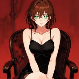 sexy girl with brown hair and green eyes, wearing a camisole, sitting on a chair, red and black color palette, in the style of and ilya kuvshinov and greg rutkowski, high quality anime artstyle, intricate