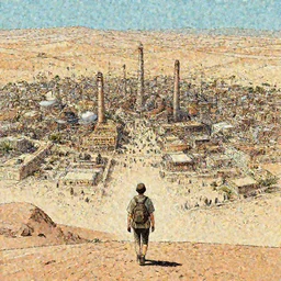 a traveller walks towards a desert industrial city, brimming with inhabitants in the style of moebius, concept art, illustraction