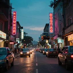 photograph of a neon lit - african urban street with hovering vehicles,