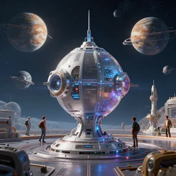 teleportation machine in a science fiction world, with people using it to travel to different planets