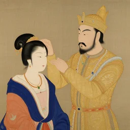 ukiyo - e painting of a mughal emperor touching the hairlock of a lady