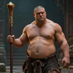 short DND monk man with a staff greased up, only wearing tattered shorts portly and muscular, hyper realism, dramatic ambient lighting, cinematic, high detail, 8k, octane render, depth of field