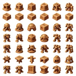 sprite sheet, several different symmetrical 3 d rendered isometric wood game pieces, realistic, engraved, mecha warriors, handpainted, tabletop game props, full page grid sprite sheet, game assets, asset sheet, sprite sheet, in the style of artgerm, andreas rocha, atey ghailan, arkhip kuindzhi