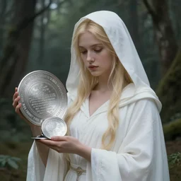 portrait of the goddess of memory showing inscribed silver plates in the forest, white hood, white robes, blonde, fantasy, magical, realistic and detailed, spiritual, supernatural, intricate, elegant, highly detailed, digital painting, trending on artstation, by wlop, 4 k octane render