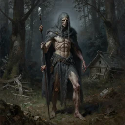 painting of undead wight warrior, anatomically correct, forest and cabin, muted colors, night scene, by brom