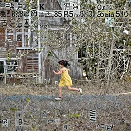 “A girl runs to the center of the frame in a yellow sundress, a red elastic band for her hair, a full-length profile, a night photo, a barn and bushes with trees in the background, realistic photo, 8k, 35 mm”