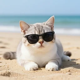 a cute kitten with sunglasses relaxing on the beach