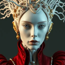 hyper detailed ultra sharp portrait of a beautiful well contoured porcelain ivory nier automata!, artstation!! detailed elegant clothes, up close shot, sharp focus, global illumination, ambient lighting pixiv!! scenery art, biomechanical white silver gold vaporwave rhizomorphs headdress, dream texture, alexandre ferra, irakli nadar, alexander mcqueen, nier automata render 4 k