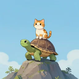 character portrait of The tallest mountain topped by a cat riding a gigantic turtle, with another cat riding a large turtle atop the mountain. By Greg Rutkowski. cute beautiful attractive detailed. Character design by charlie bowater, ross tran, artgerm, and makoto shinkai, detailed, inked, western comic book art