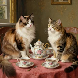 longhair calico cat shorthair calico cat and a tabby cat enjoying a fancy english tea party, painted by jan van eyck