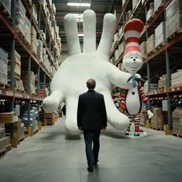 the giant hands walks through the warehouse, film still from the movie directed by denis villeneuve and david cronenberg with art direction by zdzisław beksinski and dr. seuss