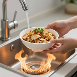 someone holding a bowl of food above a flaming washbasin, professional photography, single pair of hands, book cover W 1000