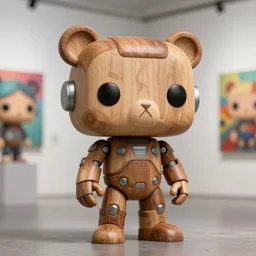 8 k octane render sculpture photorealistic beautiful character wooden design, art toys collectible figurine, mascot pop funko, very cute bear robot android cyberpunk, contemporary art gallery in background concept art cgsociety