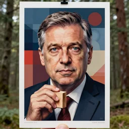 viktor orban in a forest, highly detailed face, holding a wood piece, constructivist poster, hd, photorealistic lighting