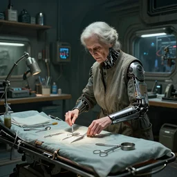 an environmental concept art of an elderly russian woman cyberneticist in a cluttered workshop, surgical implements, surgery table, highly detailed, cinematic, dramatic, cyberpunk, dieselpunk, scifi space station, horror
