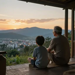 a cinematic photo of a kid and an old man sitting on a porch looking at a view of mountains and cities, sunset, photoshoot