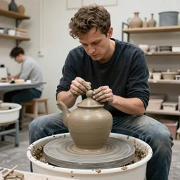 johnny vegas sitting making a very large clay teapot, art school, studio, wet clay, ceramics, pottery wheel, Michael Joseph Pennington, photorealistic