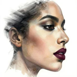 a beautiful mexican woman's face in profile, maroon lips, white background, dynamic, ultra detailed, 4 k, illustration, by kehinde wiley, kadir nelson, thomas hart benton