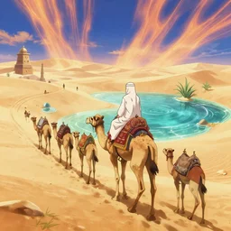 anime muslims journeying across an enchanted isekai desert on camel through an oasis, heatwaves anime aesthetic