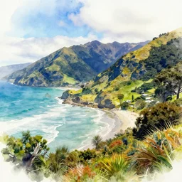 golden bay abel tasman new zealand in the style of vibrant watercolor painting, digital art, high quality, highly detailed, high coherence,, concept art,  marterpiece