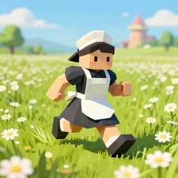 ( lowpoly ) ps 1 playstation 1 9 9 9 running ( anthropomorphic ) ( ( lurantis ) ) maid wearing a hat standing in a ( field of daisies ), mount coronet in the distance digital illustration by ruan jia on artstation