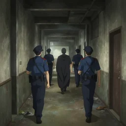 police men following a mage, dilapidated building hallway, dramatic lighting, screenshot of anime episode, animated by yoh yoshinari, long shot