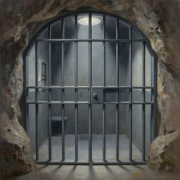 full length painting of prison cell with jail bars inside a cave with prison bars, highly detailed, high resolution, oil in canvas