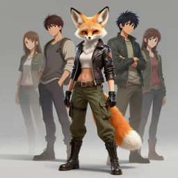 beautiful portrait of a female anthropomorphic fennec fox fursona wearing a leather jacket. leather gloves. leather boots. cargo pants. character design by charlie bowater, ross tran, artgerm, and makoto shinkai, detailed, soft lighting, rendered in octane