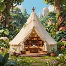 cozy library inside small tent!! in fantastical overgrown landscape, digital art, artstation, highly detailed, hyperdetailed