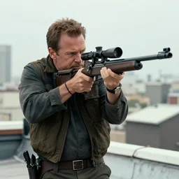 film still of mike ehrmantraut aiming with a sniper rifle on a rooftop, 4 k, highly detailed