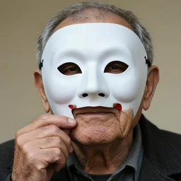 close - up portrait of a wrinkled old man wearing a pulcinella mask holding up a pizza!! to behold, clear eyes looking into camera, baggy clothing and hat, masterpiece photo by arnold newman
