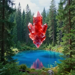 evergreen forest with a clear blue lake in a clearing where an abstract red crystal sculpture is floating above it, powerful, ethereal, vaporwave