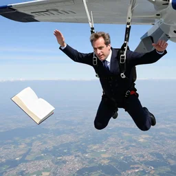 photo of Nicolas Sarkozy jumping of a plane, a book is flying next to him