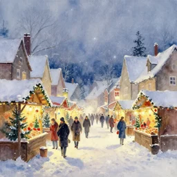abstract watercolor painting of village street, magic diamond crystal winter, traditional christmas market, cinematic light, national romanticism by anders zorn, by greg rutkowski, by greg manchess