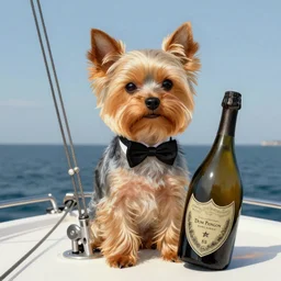 a Yorkshire terrier on a yacht wearing a black bow tie holding a bottle of Dom Pérignon, extremely detailed masterpiece, illustration, by Michael Sowa,
