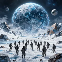 an army of space soldiers invading an ice world full of mountains and rocks, award winning, trending on artstation, unreal engine