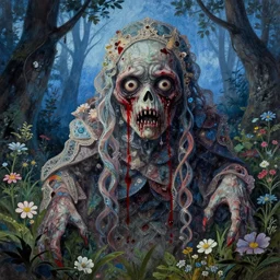 a pretty but sinister and creepy monster in layers of fear decoupage, with haunted eyes, bleeding, violence in his eyes, 1 9 7 0 s, seventies, delicate embellishments, a little blood, woodland, blue dawn light shining on wildflowers, painterly, offset printing technique, by walter popp, alexandre cabanel