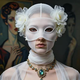 a futuristic portrait covered by mask made of wires and white gauzes and plastic flowers, necklace made by gauzes twisted around neck, design by leonardo davinci, inspired by egon schiele, balenciaga, modern art, baroque art jewelry, new classic, fashion design, photorealistic, hyper realistic, cinematic composition, cinematic lighting, fashion design, concept art, 8 k, -