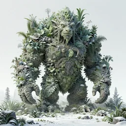 a giant creature in a lush trunda vegetation, snow snow :: by Michal Karcz, Daniel Merriam, Victo Ngai and Guillermo del toro :: ornate, dynamic, particulate, intricate, elegant, highly detailed, centered, artstation, smooth, sharp focus, octane render, 3d
