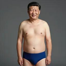 Photo of Xi Jinping in swimsuit, soft studio lighting, vibrant colors, photo taken by Martin Schoeller for Abercrombie and Fitch, award-winning photo, 24mm f/1.4