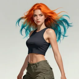 a award winning half body portrait of a beautiful caucasian woman in a croptop and cargo pants with ombre orange blue teal hairstyle with head in motion and hair flying by martine johanna and will eisner, outrun, vaporware, digital art, trending on artstation, highly detailed, fine detail, intricate